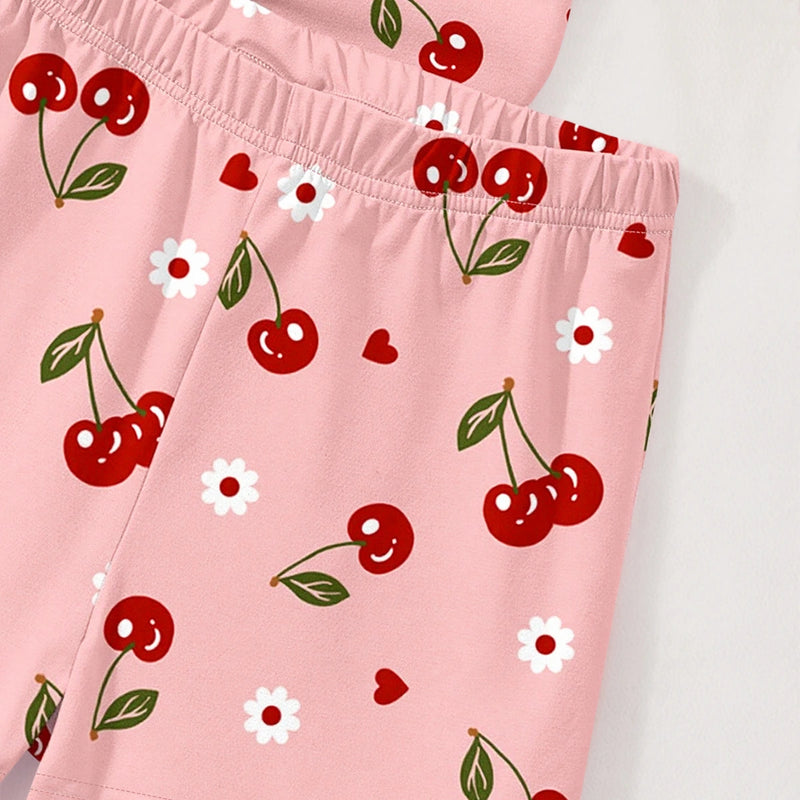Girls Pink Cherry Print Short Sleeve T-Shirt With Shorts Sets 2 pc. Sets