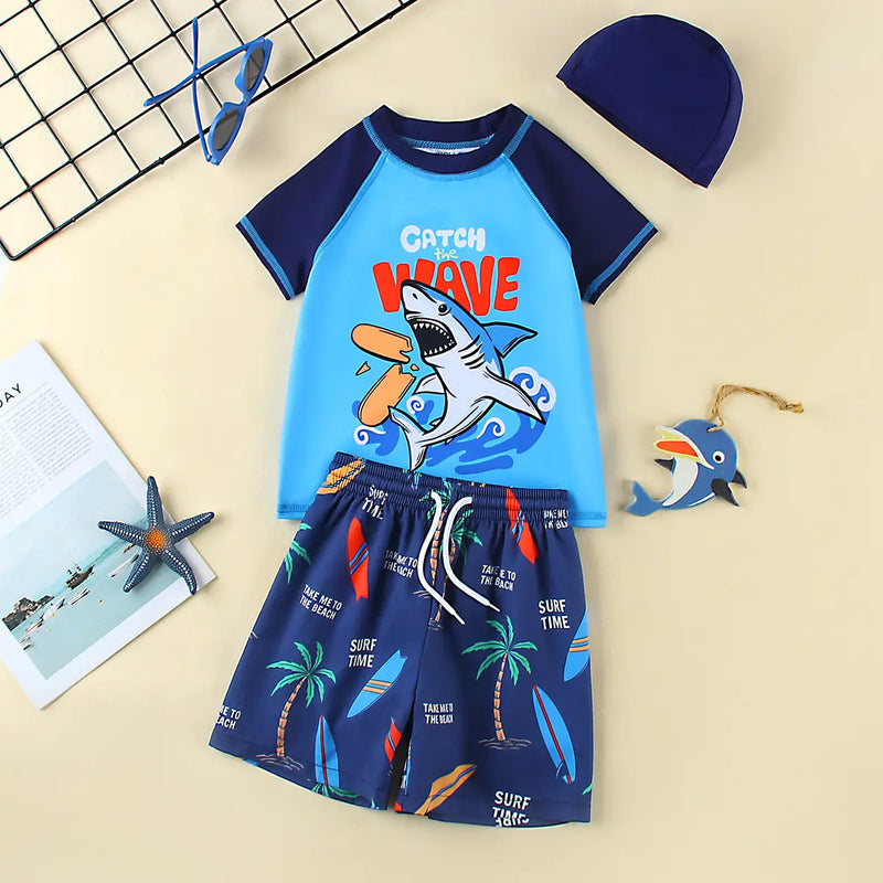 Boys Blue Graphics T-Shirt With Shorts & Swim Cap Swimwear Sets Beachwear Blue 3-4 Y
