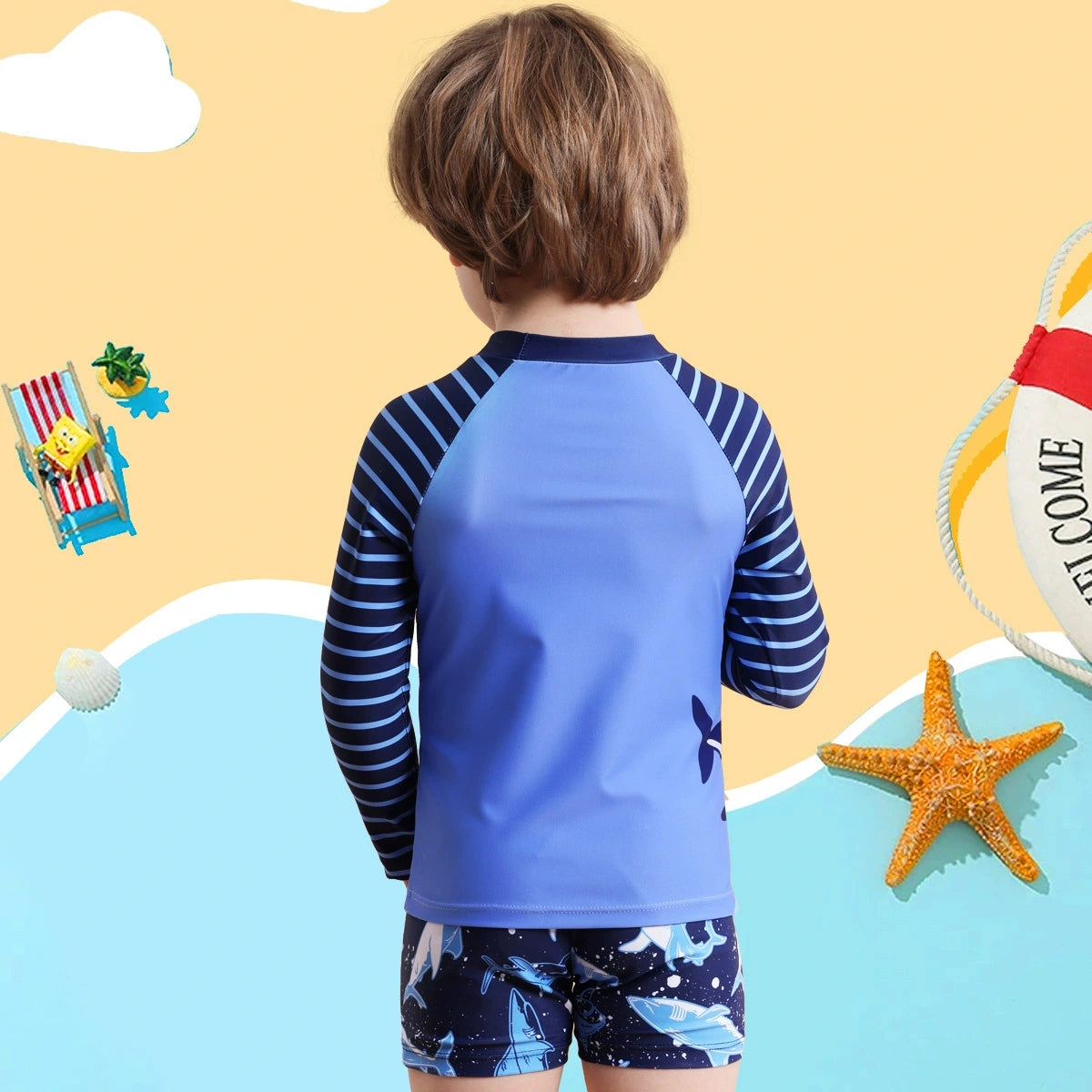 Boys Blue Shark Printed T-Shirt With Shorts Swimwear Sets Sets