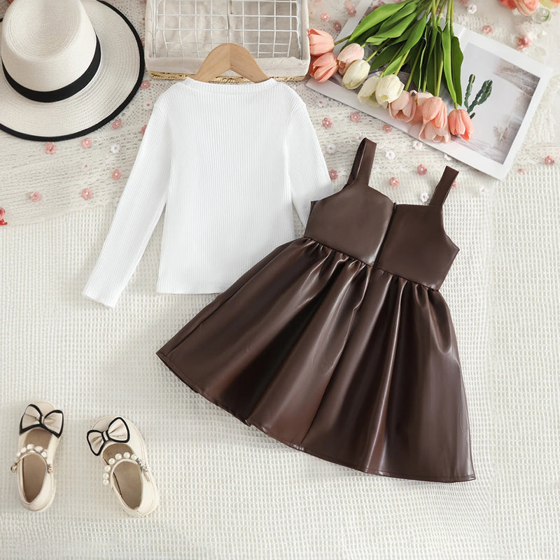 Girls Brown Faux Leather Pinafore Dress With Long Sleeves T-Shirt Casual Dresses