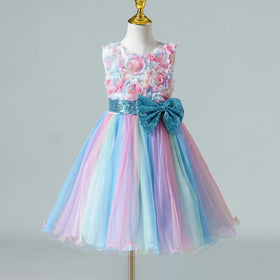 Girls Blue Floral Applique Fit & Flare Party Wear Dress With Sequin Bow Party Dresses Blue 3-4 Y