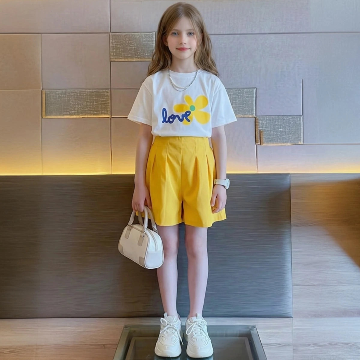 Girls Yellow Flower Print Short Sleeve T-shirts With Wide-Leg Shorts Sets Sets Yellow 5-6 Y