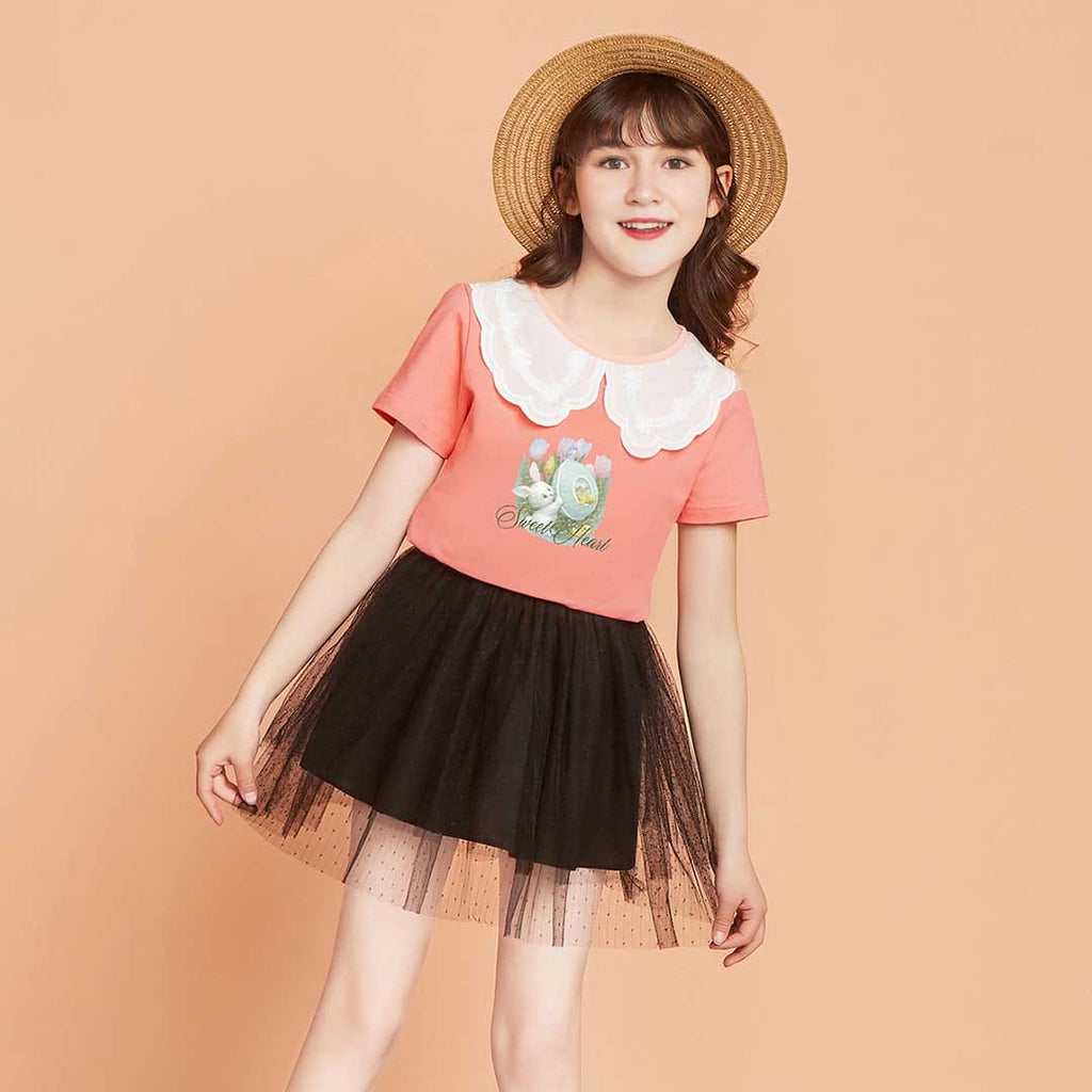 Girls Printed Lace Collar Casual T-shirt