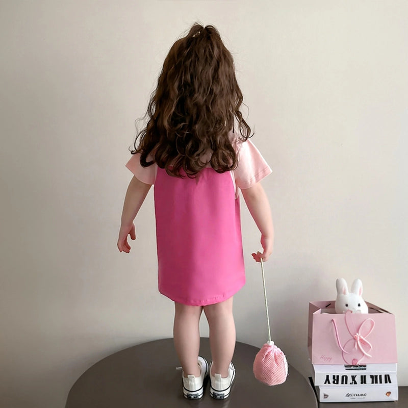 Girls Pink Typographic Print Short Sleeve Pinafore Dress Casual Dresses