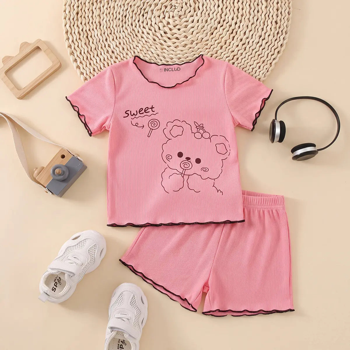 Girls Pink Bear Graphic Printed Short Sleeve Top With Shorts Sets 2 pc. Sets Pink 1-2 Y