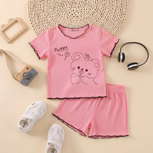 Girls Pink Bear Graphic Printed Short Sleeve Top With Shorts Sets 2 pc. Sets Pink 1-2 Y