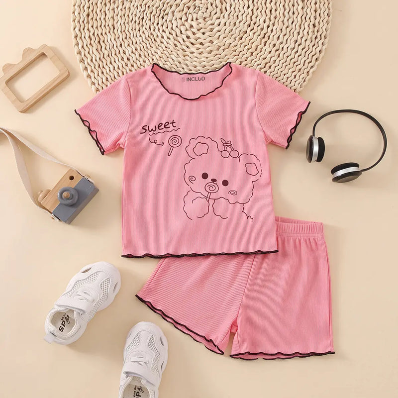 Girls Pink Bear Graphic Printed Short Sleeve Top With Shorts Sets 2 pc. Sets Pink 1-2 Y