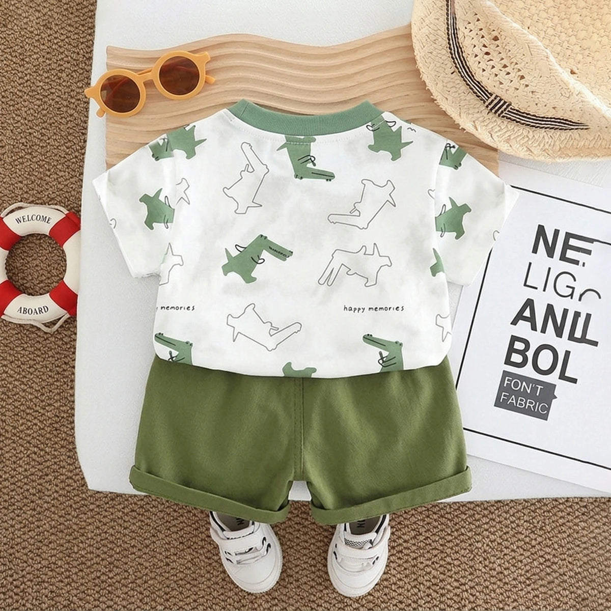 Boys Green Crocodile Printed Short Sleeve T-Shirt With Elasticated Shorts Sets 2 pc. Sets
