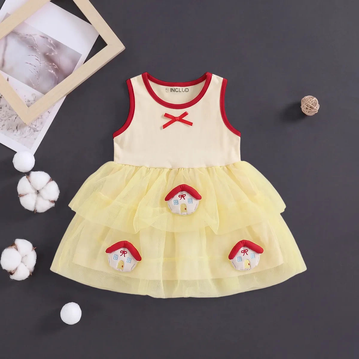 Girls Yellow House Applique Fit & Flare Dress With Bubble Hem Casual Dresses Yellow 1-2 Y