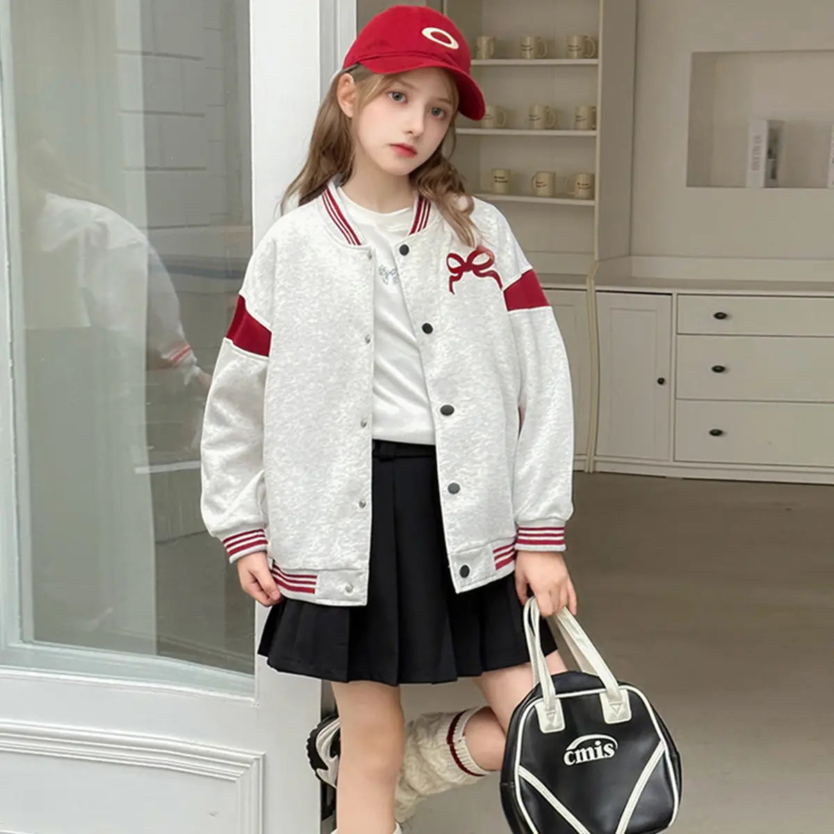 Girls Light Grey Bow Printed Varsity Jacket Coats & Jackets