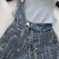 Girls Light Grey Sleeveless Top With Distressed Denim Dungaree Sets 2 pc. Sets