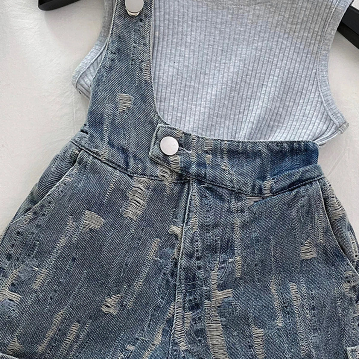 Girls Light Grey Sleeveless Top With Distressed Denim Dungaree Sets 2 pc. Sets