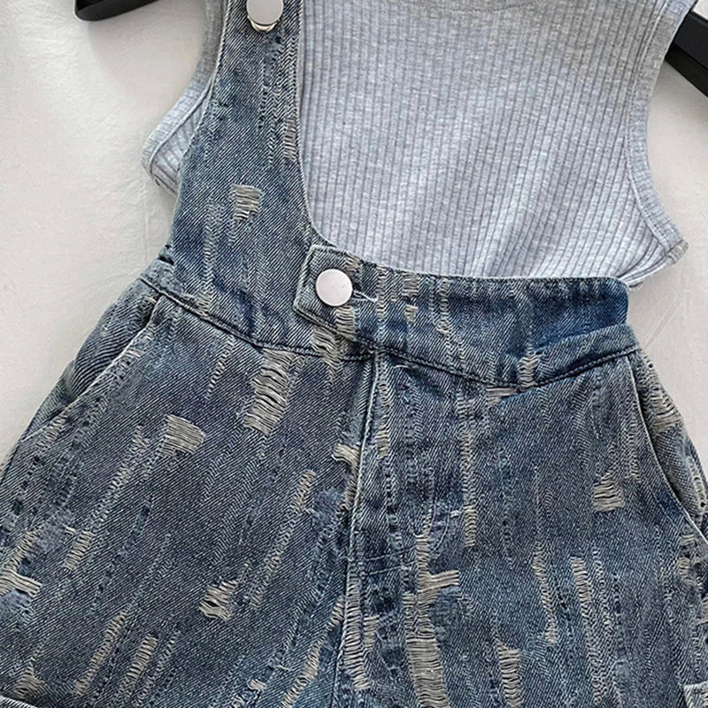 Girls Light Grey Sleeveless Top With Distressed Denim Dungaree Sets 2 pc. Sets