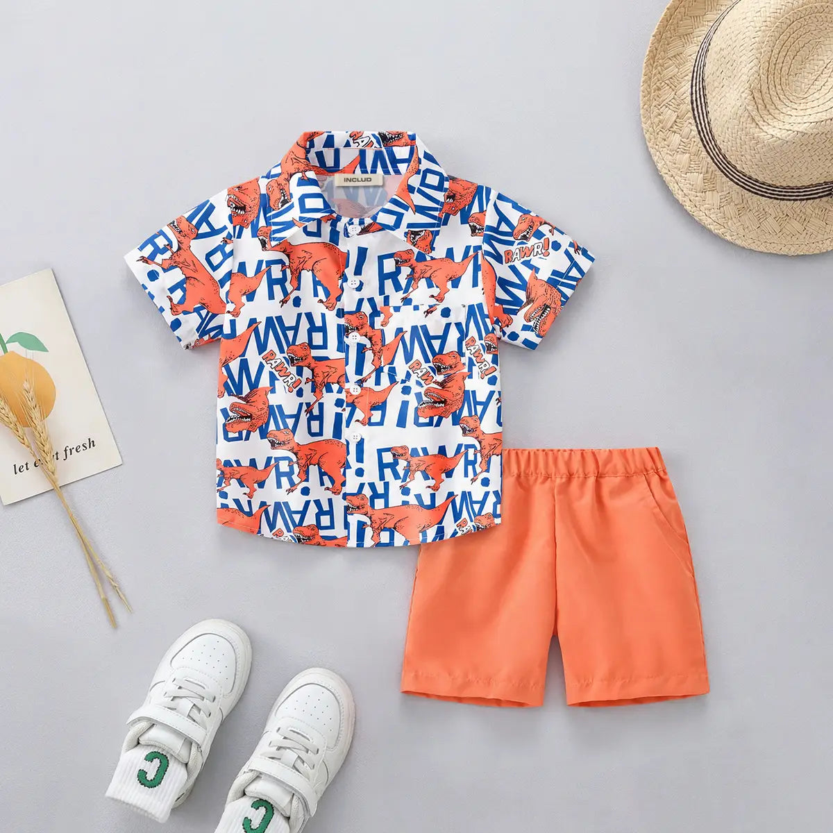 Boys Orange Dinosaur Print Short Sleeves Shirt With Shorts Set Sets Orange 1-2 Y