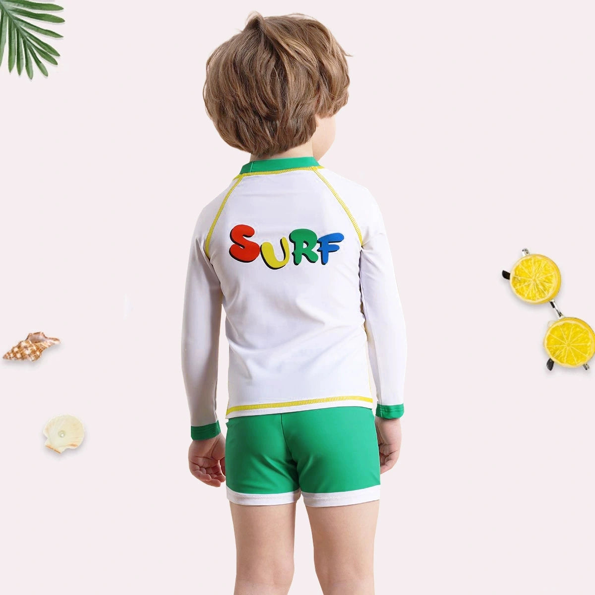 Boys Dinosaur Cartoon Print T-Shirt With Green Shorts Swimwear Sets Sets