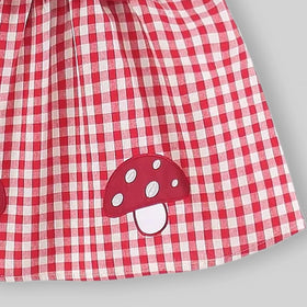 Girls Red Checked Mushroom Embroidered Sleeveless A-Line Dress Casual Dresses