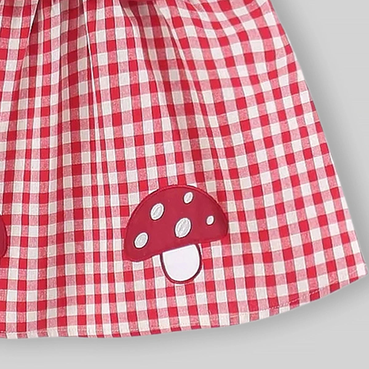 Girls Red Checked Mushroom Embroidered Sleeveless A-Line Dress Casual Dresses