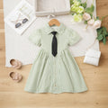 Girls Green Stripes Button-Down A-line Dress With Short Sleeves Casual Dresses Green 1-2 Y