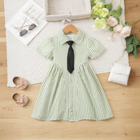Girls Green Stripes Button-Down A-line Dress With Short Sleeves Casual Dresses Green 1-2 Y