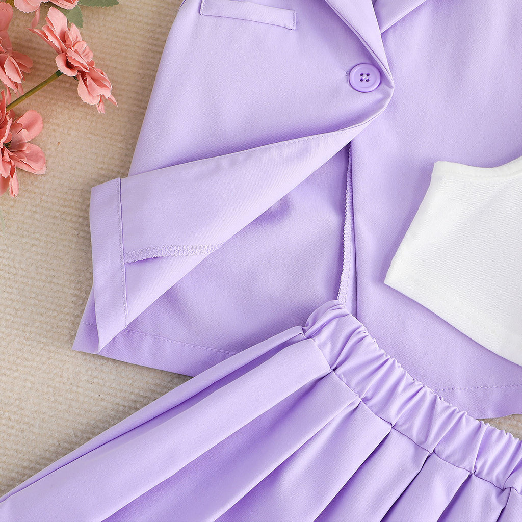 Girls Purple Sleeveless Jacket With Camisole Top And Skirts Set 3 pc. Sets