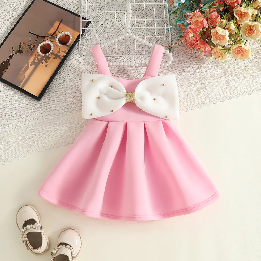 Girls Pink Sleeveless Fit & Flare Party Wear Dress With Embellished Bow Applique Party Dresses Pink 12-18 M