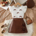 Girls White Bow Applique Flutter Sleeve Top With Faux Leather Skirt Sets 2 pc. Sets White 2-3 Y