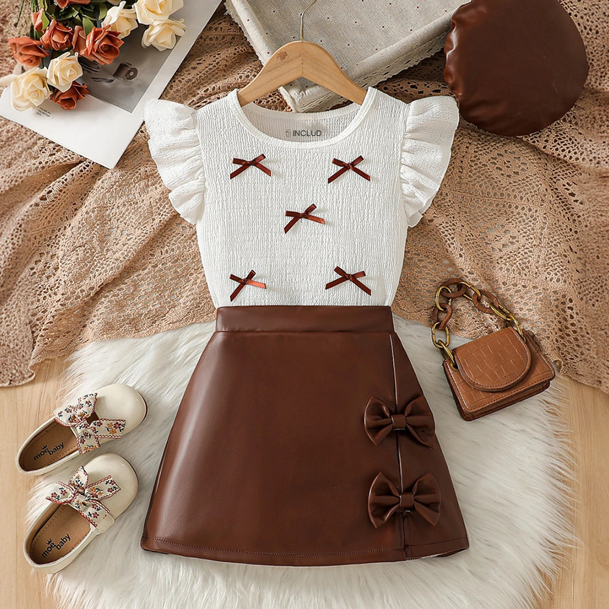Girls White Bow Applique Flutter Sleeve Top With Faux Leather Skirt Sets 2 pc. Sets White 2-3 Y
