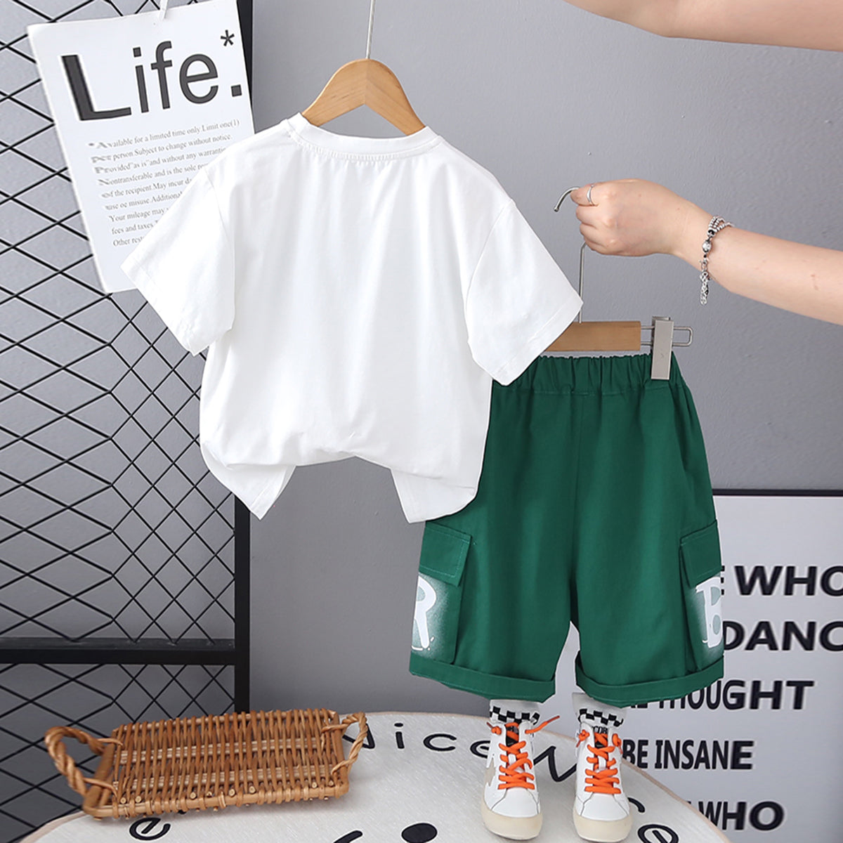 Boys Green Typographic Printed Short Sleeves T-Shirt With Cargo Shorts Set 2 pc. Sets