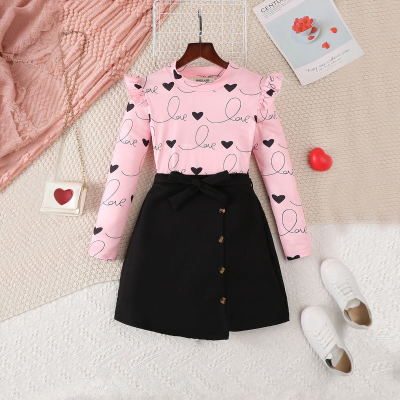 Girls Light Pink Heart Print Long Sleeves Top With Skirt Set 2 pc. Sets