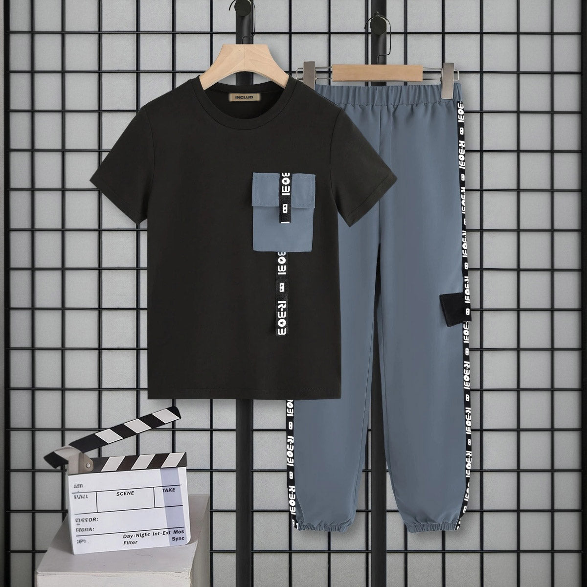 Boys Black Short Sleeve Round Neck T-Shirt With Jogger Set 2 pc. Sets Black 7-8 Y