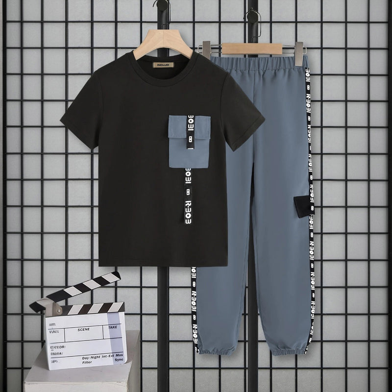 Boys Black Short Sleeve Round Neck T-Shirt With Jogger Set 2 pc. Sets Black 7-8 Y