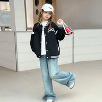 Girls Black Bow Printed Varsity Jacket Coats & Jackets