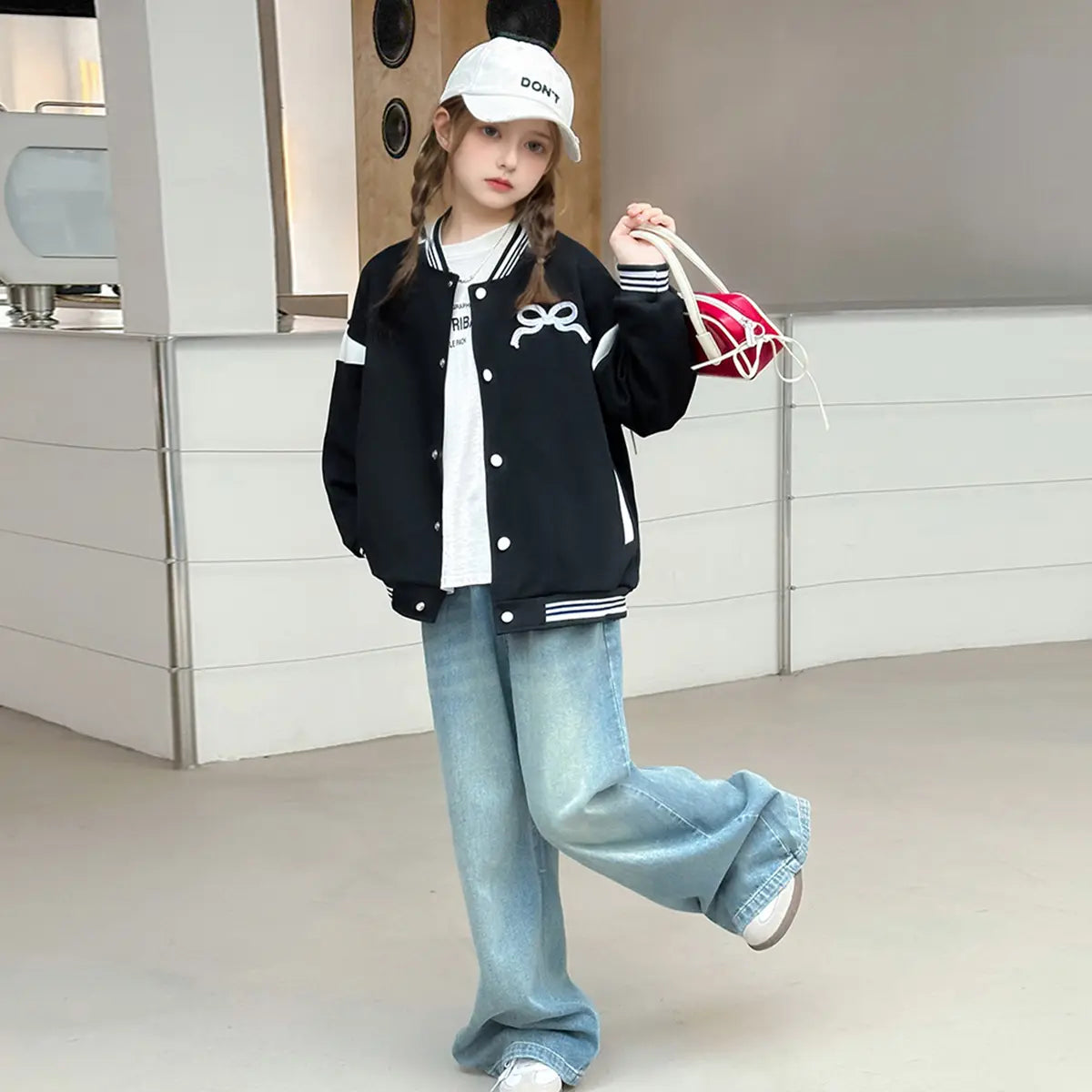 Girls Black Bow Printed Varsity Jacket Coats & Jackets