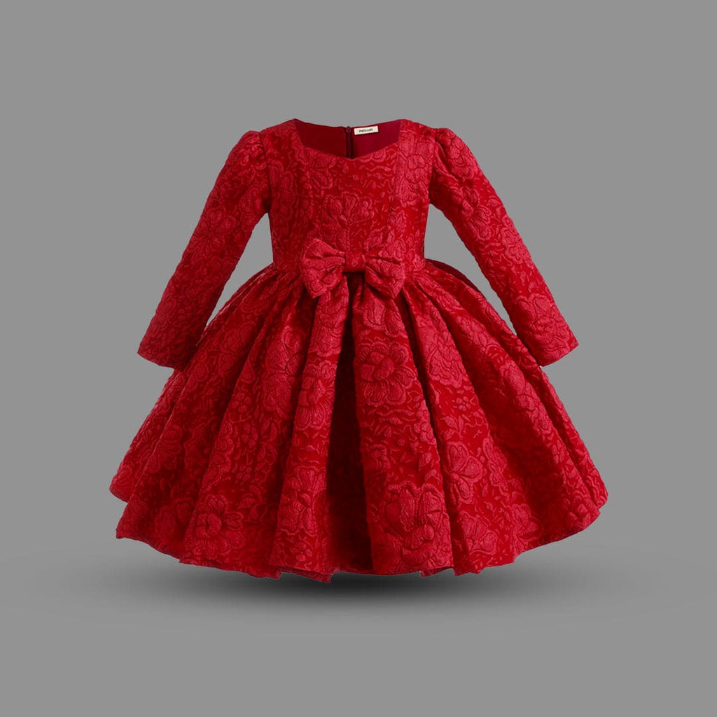 Girls Red Full Sleeves Textured Party Wear Dress Party Dresses Red 1-2 Y