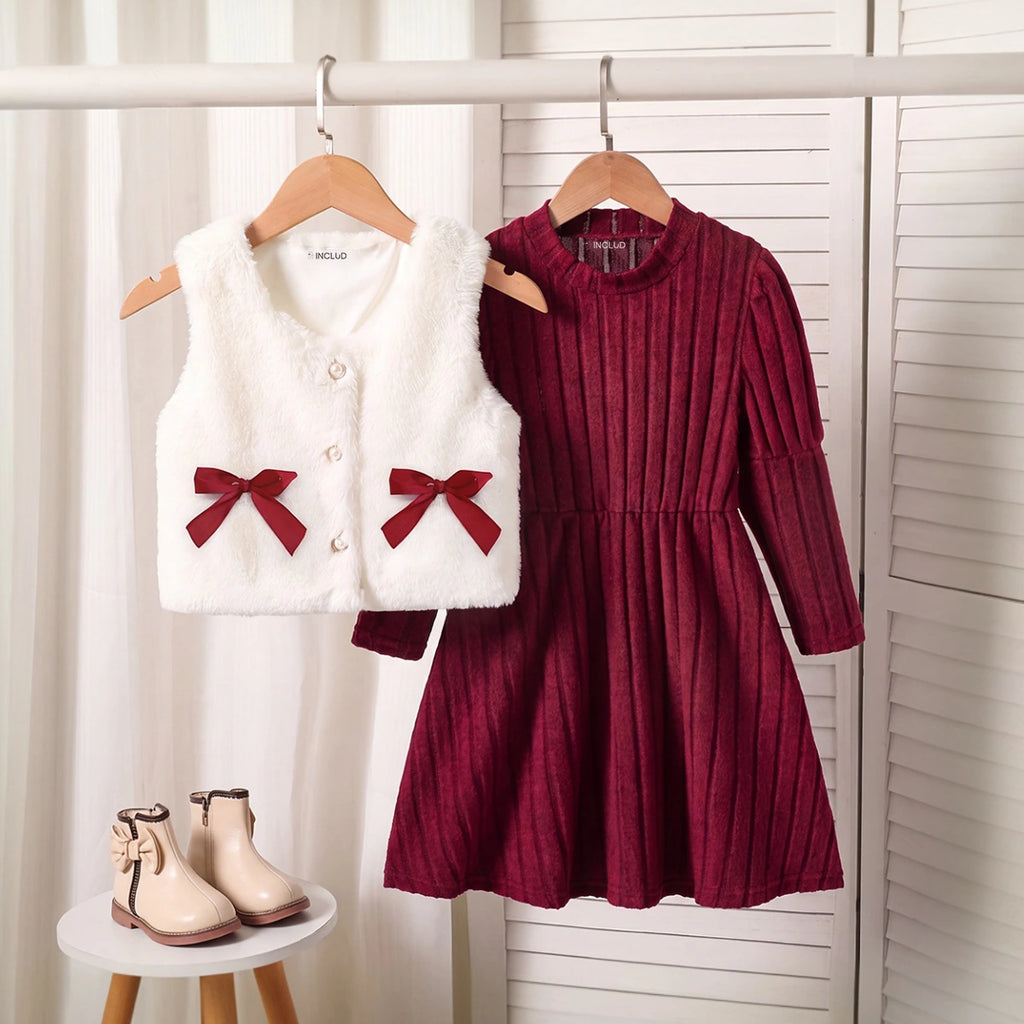 Girls Burgundy Textured Long Sleeve A-line Dress With Shrug Casual Dresses burgundy 3-4 Y