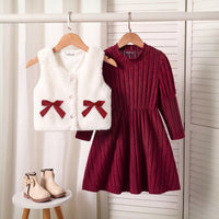 Girls Burgundy Textured Long Sleeve A-line Dress With Shrug Casual Dresses burgundy 3-4 Y