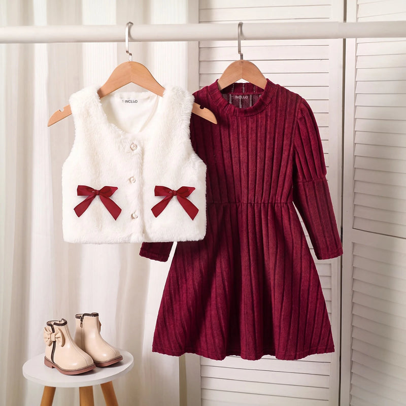 Girls Burgundy Textured Long Sleeve A-line Dress With Shrug Casual Dresses burgundy 3-4 Y