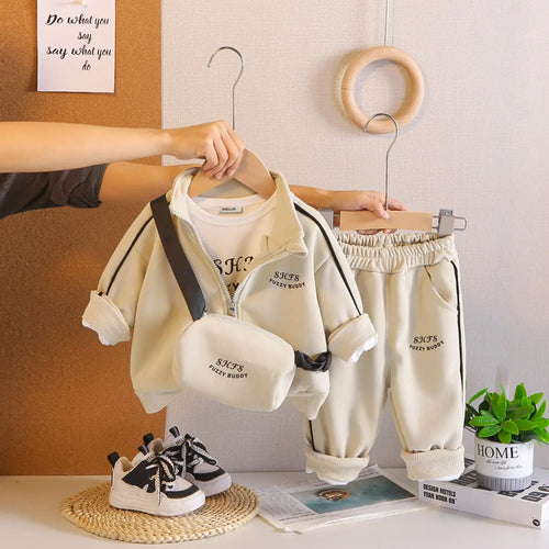 Boys Beige Typographic Printed Zip-up Jacket & Jogger With T-Shirt & Sling Bag Sets Sets Beige 1-2 Y