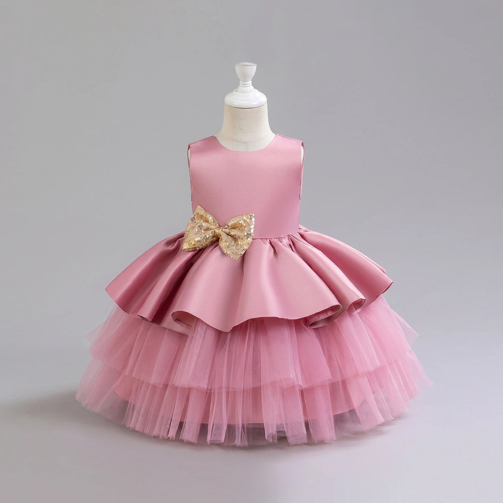 Girls Pink Flared Party Wear Dress With Sequin Bow Party Dresses Pink 1-2 Y