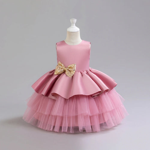 Girls Pink Flared Party Wear Dress With Sequin Bow Party Dresses Pink 1-2 Y