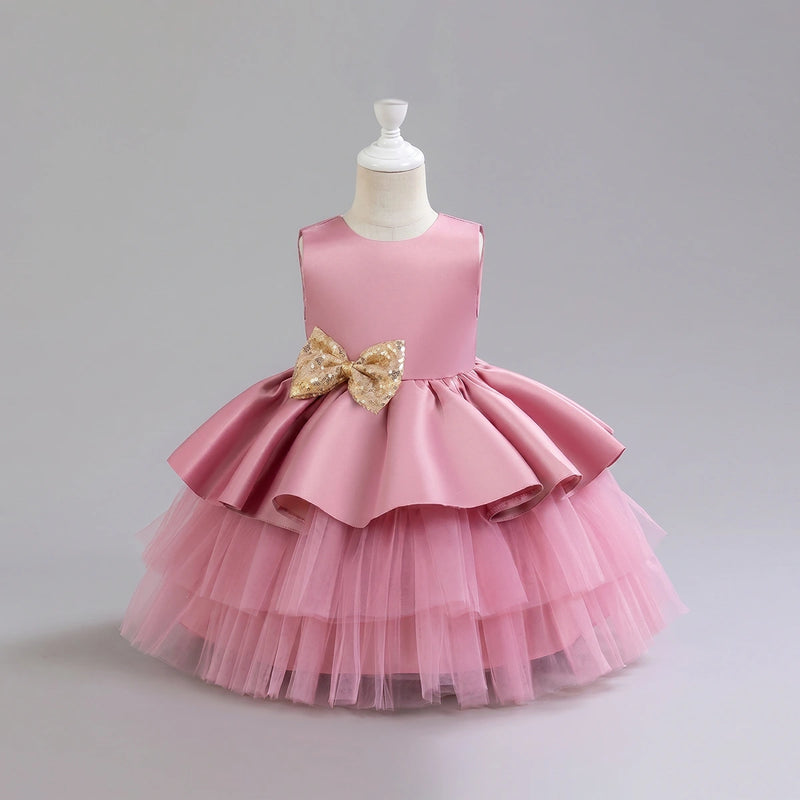 Girls Pink Flared Party Wear Dress With Sequin Bow Party Dresses Pink 1-2 Y