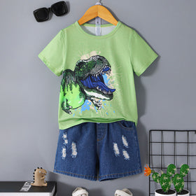 Boys Green Dinosaur Graphic T-Shirt With Denim Shorts Set 2 pc. Sets