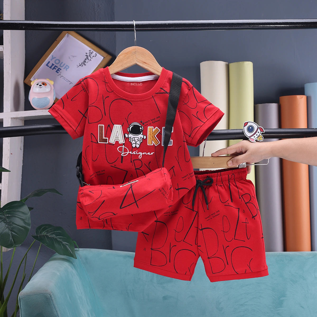 Boys Red Astronaut Graphic Short Sleeve T-shirt With Drawstring Shorts And Bag Sets Sets Red 1-2 Y