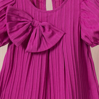 Girls Magenta Stripes A-line Dress With Puff Sleeves Casual Dresses