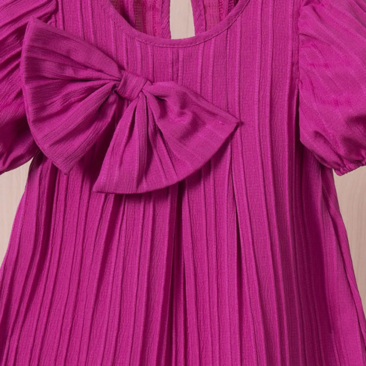 Girls Magenta Stripes A-line Dress With Puff Sleeves Casual Dresses