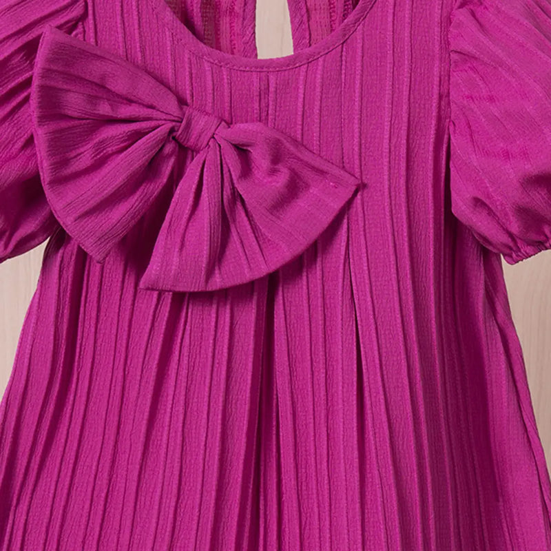 Girls Magenta Stripes A-line Dress With Puff Sleeves Casual Dresses