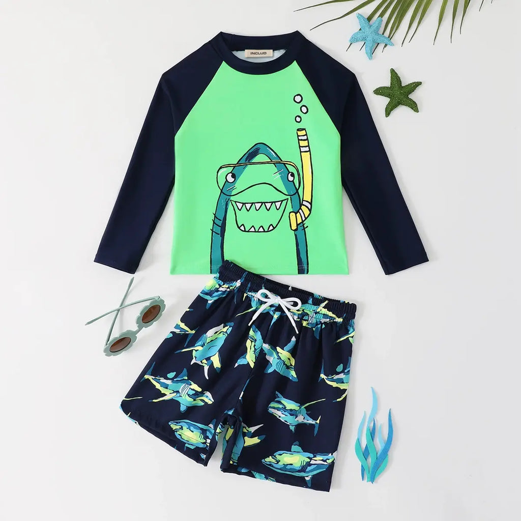 Boys Green Shark Printed Long Sleeves T-Shirt & Shorts Swimsuit Sets Sets Green 3-4 Y