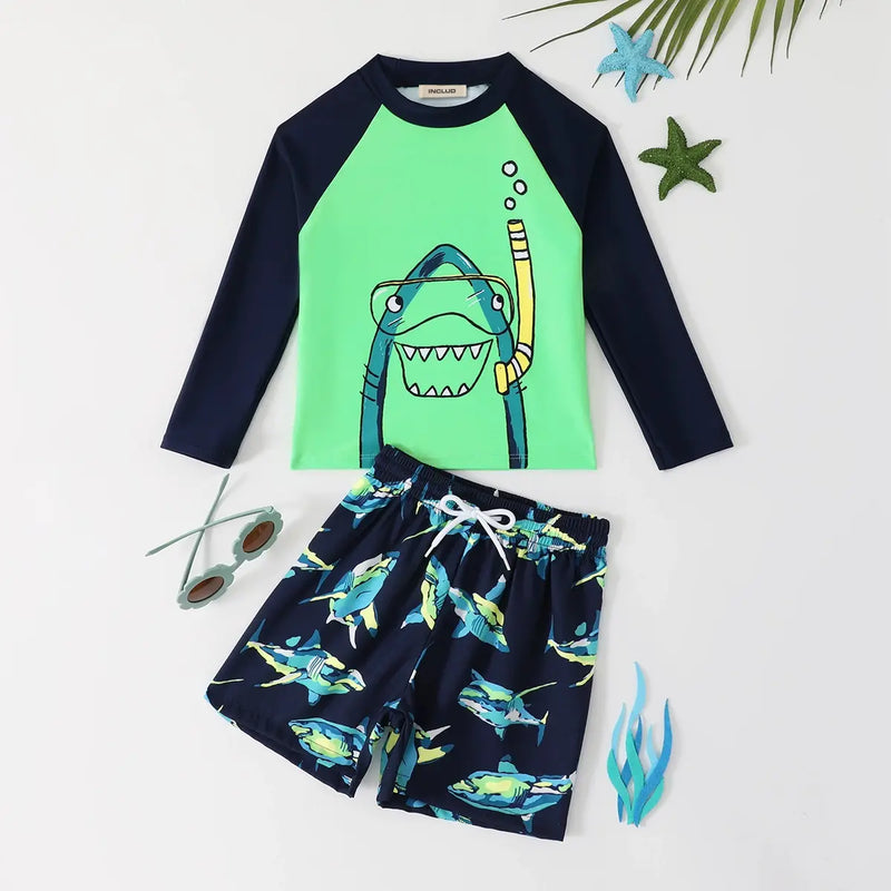 Boys Green Shark Printed Long Sleeves T-Shirt & Shorts Swimsuit Sets Sets Green 3-4 Y