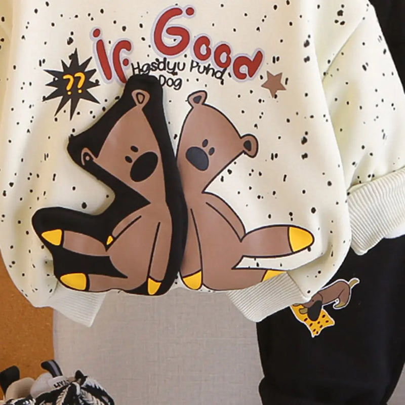 Girls Off White Bear Cartoon Printed Sweatshirt With Jogger Sets Sets