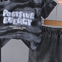 Boys Black Typographic Print T-Shirt With Denim Shorts Sets Sets